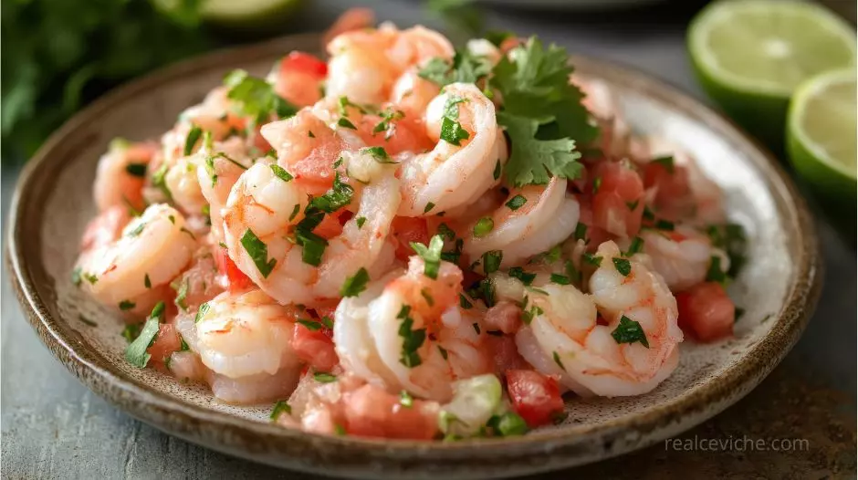 Close-up of a cooked shrimp ceviche bowl with avocado, cilantro, and lime, a safe seafood option for pregnant women.