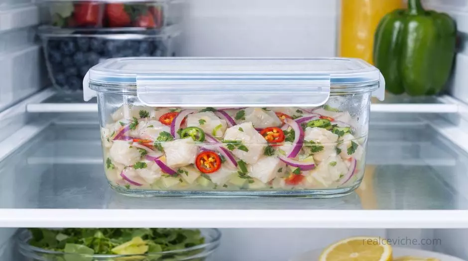 Storing leftover shrimp ceviche in an airtight container in the fridge to extend shelf life.